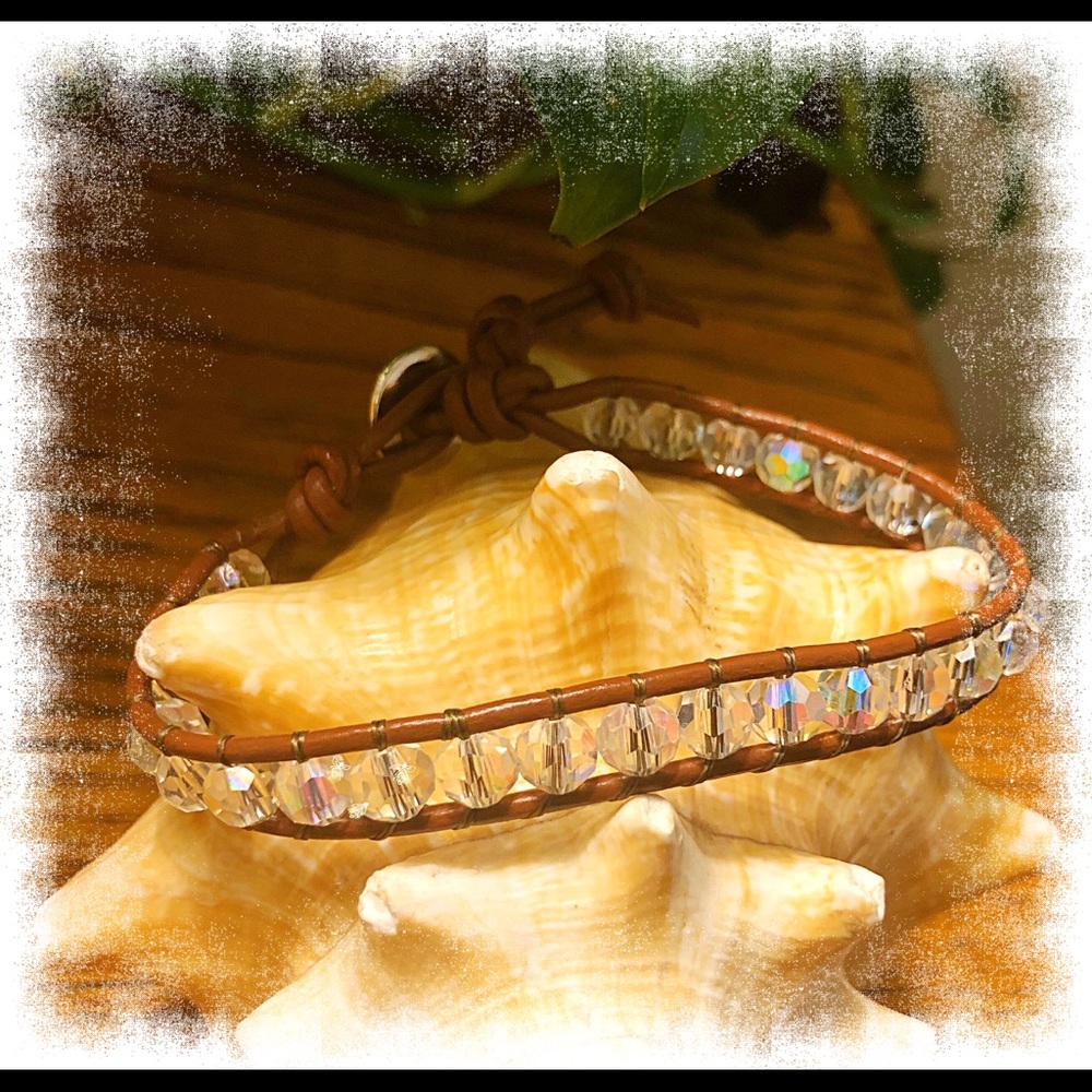 Swarovski Crystal on Saddle Brown Leather Wrap